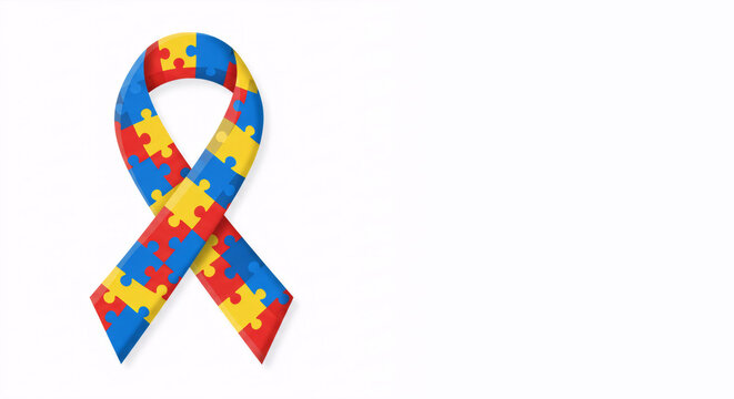 Autism awareness ribbon with colorful puzzle piece pattern, symbolizing solidarity. Support for neurodiversity.