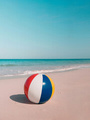 Summer vacation, holiday, travel, tourism, beach , leisure time concept. A serene beach setting with a large, striped beach ball placed on the sand. Space for text.	