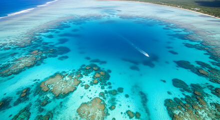 Fototapeta premium Turquoise Paradise Boat Glides Across the Clear Tropical Lagoon Waters