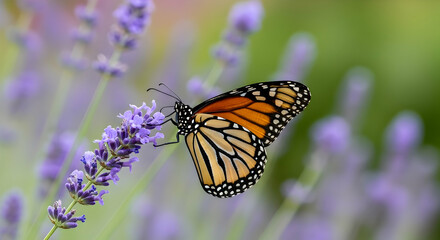 Monarch Butterfly Enjoying Nectar on Lavender Bloom in Serene Garden Scene