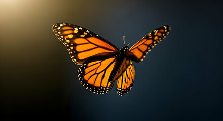 Fototapeta premium Monarch Butterfly Gracefully Dancing In The Air And Illuminated With Sunlight