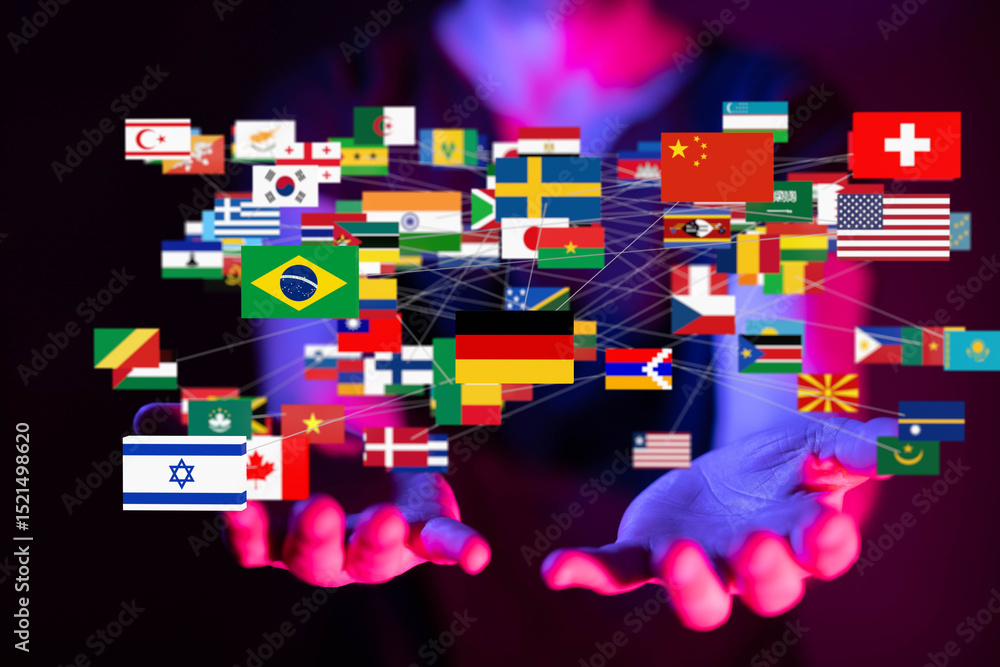 Poster image of hands holding a network of interconnected flags representing global collaboration.