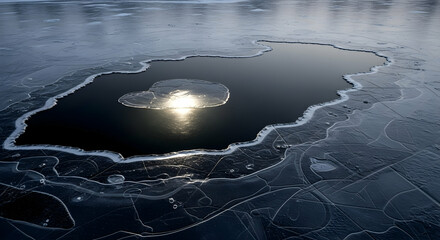 Melting Ice Creates an Abstract Landscape with Sunlight Reflection on Lake Surface