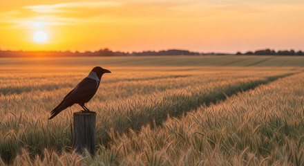 Hooded Crow Perched on Wooden Post in Golden Wheat Field at Sunrise