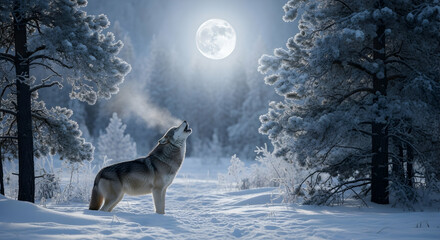 Wolf Howling at Moon in Snowy Winter Forest Scene