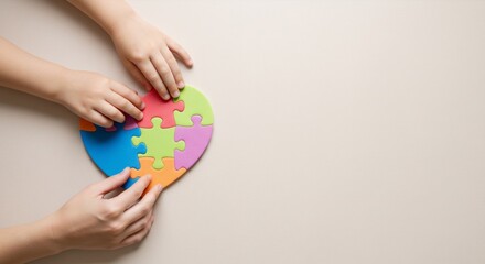 Close up of a diverse caucasian kid and woman putting together a heart puzzle. World autism awareness day concept for mental health.