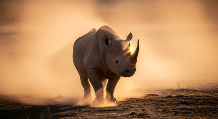 Majestic Rhino Walks Through Golden Light in Natural Habitat