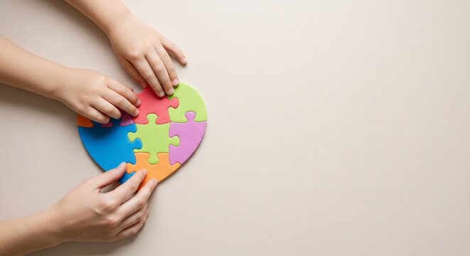 Close up of a diverse caucasian kid and woman putting together a heart puzzle. World autism awareness day concept for mental health. - Powered by Adobe