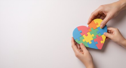 A woman's and child's hand holding a heart shaped puzzle. World autism awareness day concept. Symbol of support and understanding for autism.