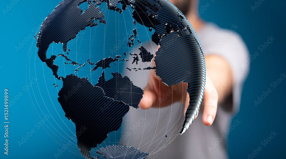 Poster person's hand reaching towards a digital globe, symbolizing global connection and networking.