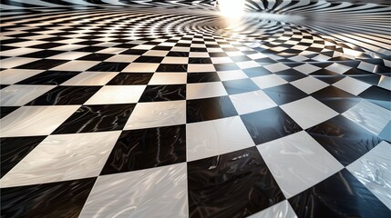 Op Art Checkerboard Background with Abstract Depth and Swirl Illusion