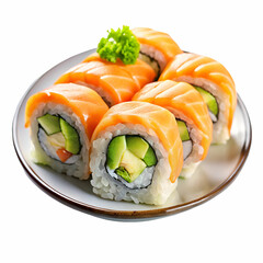 Delicious plate of freshly made salmon avocado sushi rolls ready to enjoy
