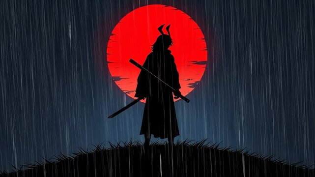 Rainy Night Silhouette Warrior and Red Moon