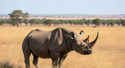 Obraz premium Black Rhino Grazing In Golden Grasslands Under A Bright Clear Sky