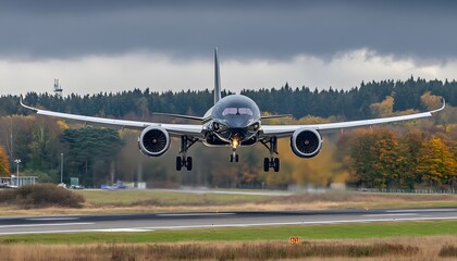 Modern jet aircraft landing on runway.