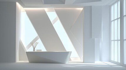 Fototapeta premium Minimalist white office with abstract geometric shapes and soft lighting, embodying modern simplicity and creative elegance