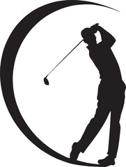 Vector silhouette of a golfer swinging inside a crescent shape. The design combines sporty elegance with a modern moon-inspired curve, ideal for logos, sportswear, or golf-themed branding.