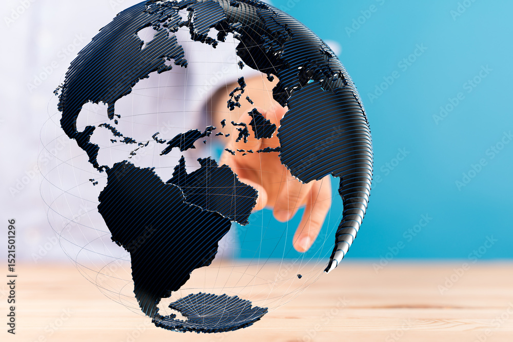 Aufkleber High-quality stock photo of a hand interacting with a 3D model of Earth, symbolizing global connectivity and networking.