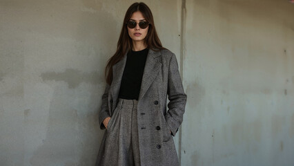 Stylish Woman in Grey Plaid Coat & Sunglasses Posing Against Concrete Wall, Urban Fashion Editorial