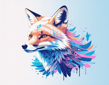 Raposa ruiva, lobo,  art&iacute;stico, tribal, animal, m&iacute;stico, selvagem, floresta, criativo, surrealismo, pintura, azul, rosa, ilustra&ccedil;&atilde;o, arte, expressivo, impactante, personagem, tinta, beleza, estampa