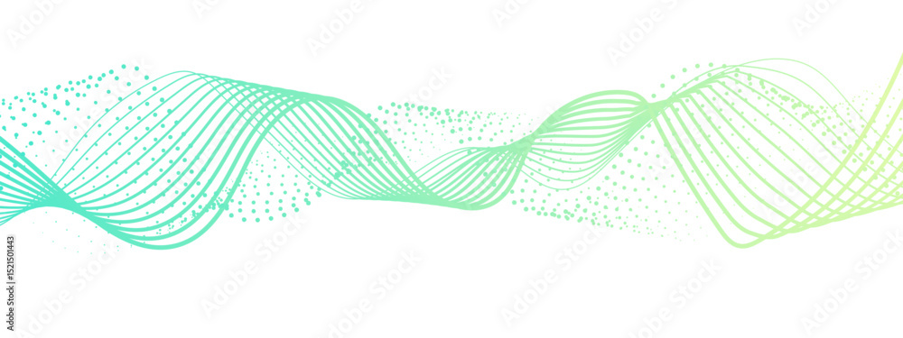 Poster abstract dynamic and flowing background with soft turquoise-green waveforms and dotted halftone elem