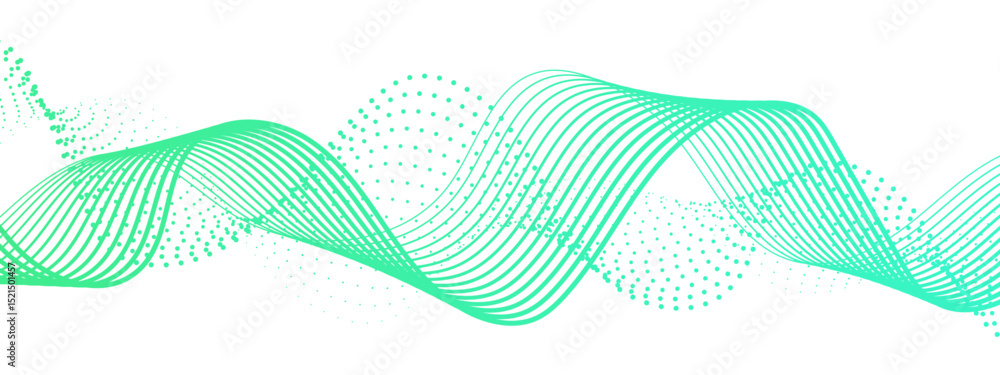 Poster abstract dynamic and flowing background with soft turquoise-green waveforms and dotted halftone elem