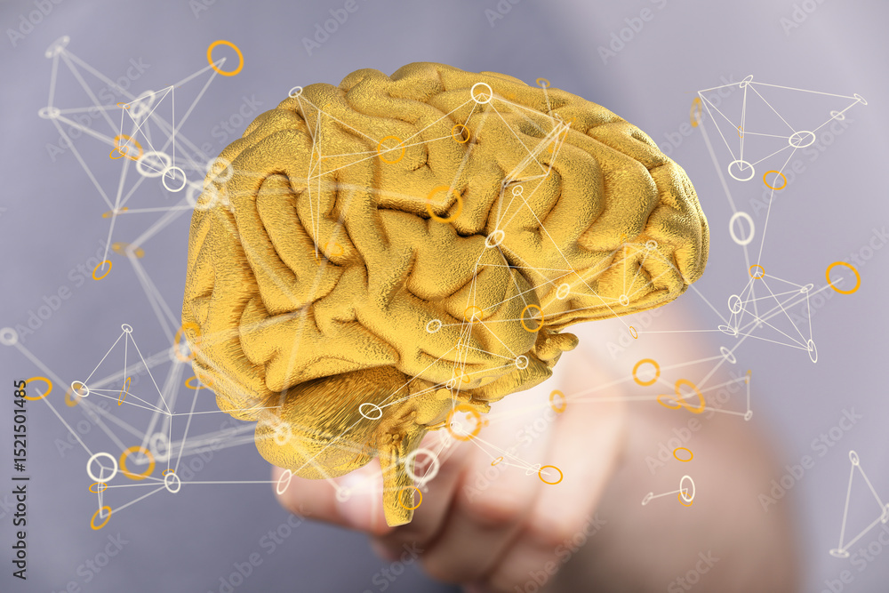 Poster 3D rendering of a golden brain with interconnected nodes, representing neural networks and cognitive processes.