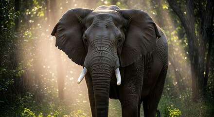 Fototapeta premium Majestic Elephant Encounter In Verdant Forest Sunlight Safari Journey