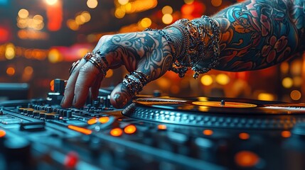 Close-up of tattooed hand operating DJ equipment