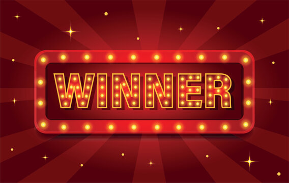 Vector illustration of a glowing sign with the inscription WINNER on a bright background with stars. Ideal for the design of victories, icons, awards, competitions, shows and holiday announcements