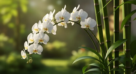 A cluster of white orchids arching from bamboo stalks