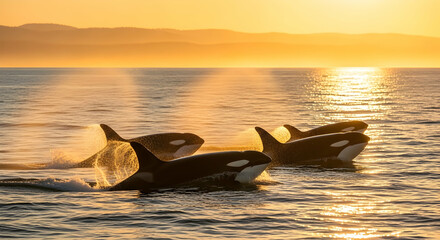 Fototapeta premium Killer Whales Pod Swimming Into the Sunset's Golden Light Reflection