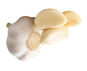 Top view of fresh white garlic bulbs with peeled garlic clove or pieces in stack isolated with clipping path in png file format
