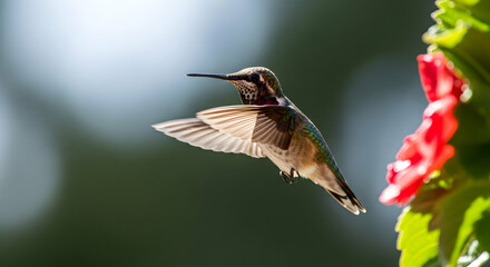 Hummingbird's Delicate Flight Near Crimson Bloom in Natural Habitat