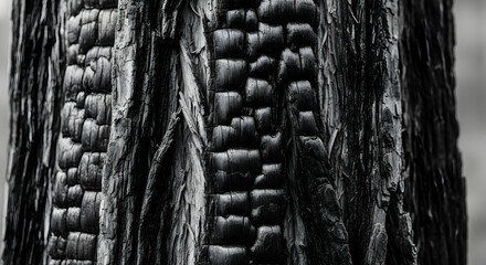 Abstract Black And White Image Of A Heavily Burnt Tree Trunk