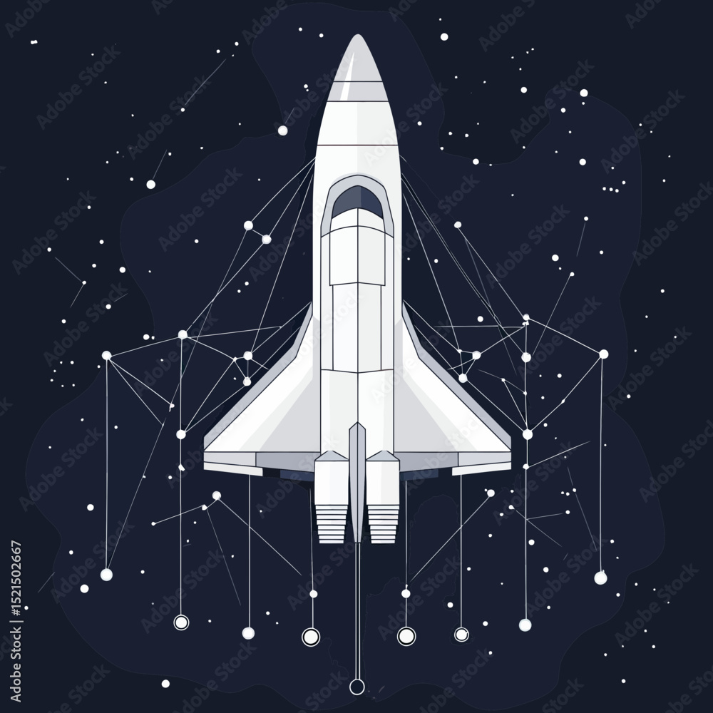 Poster white space shuttle with geometric polygonal connection lines and dots on dark starry abstract backg