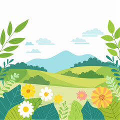 Obraz premium Vector illustration in trendy flat simple style - spring and summer background with copy space for text - landscape with plants, leaves, flowers - background for banner, greeting card, poster .
