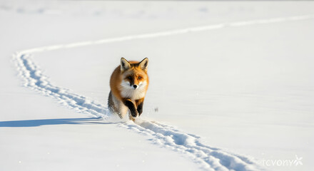 Fox Trotting Through Snowy Expanse Leaving Trail Of Footprints