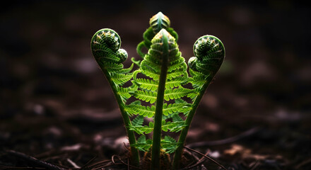Emerging Fern Fronds Unfurl in Woodland Setting, Nature's Spring Awakening