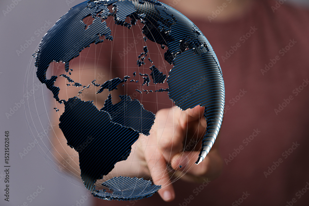 Poster person interacts with a digital globe, showcasing global connectivity and networking.