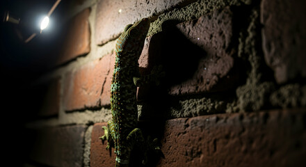 Gecko Climbing a Brick Wall Illuminated by a Dim Light Source
