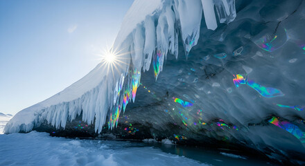 Sunlight Reflects Through Ice Cave Illuminating The Unique Rainbow Spectrum