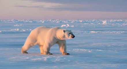 Majestic Polar Bear Striding Across the Frozen Arctic Landscape Under Sunrise