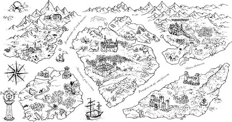 Fototapeta premium Fantasy map elements illustration, drawing, engraving, ink, line art, vector 