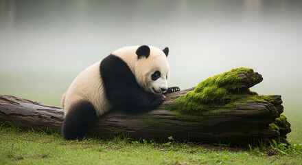 Pensive Panda Resting Peacefully on a Mossy Log in a Misty Forest