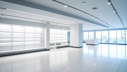 interior of mall or store with empty display shelf cabinets in cool white color tone