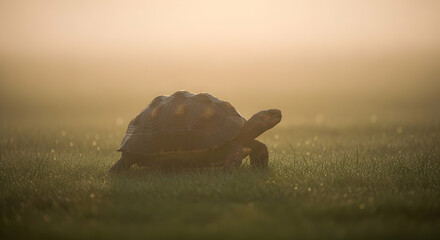 Tortoise Strolling Through Dewy Grass In Early Morning Light