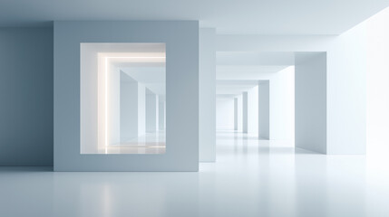 Minimalist white office with abstract geometric shapes and soft lighting, embodying modern simplicity and creative elegance