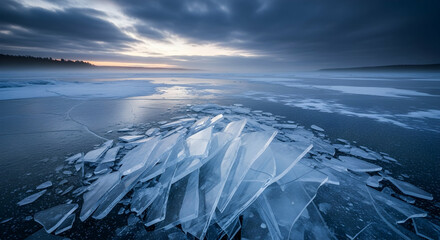 Frozen Lake At Dusk With Jagged Ice Formations In Winter Season