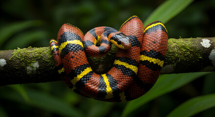 Striking Scarlet Kingsnake Resting Coiled on Mossy Branch in Verdant Rainforest